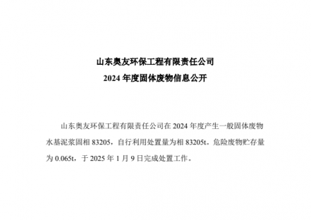 山东奥友环保工程有限责任公司2024年度固体废物信息公开